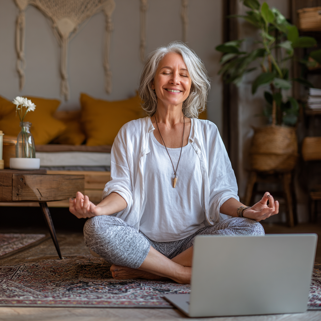 Жена на 52 години практикува йога в уютна домашна среда пред лаптоп, следвайки онлайн урок с усмивка