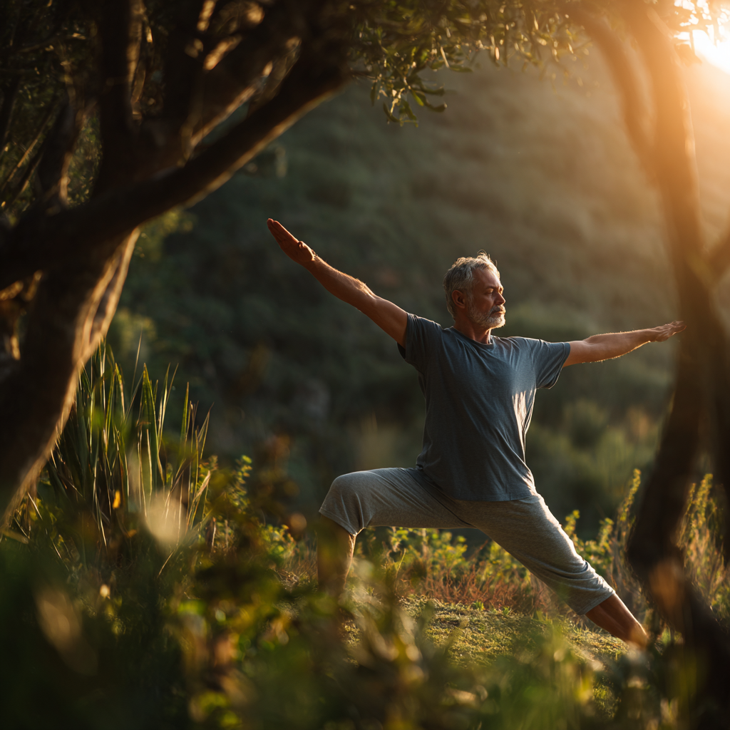 Мъж на 58 години практикува йога поза воин на открито сред зелена природа в ранните часове на утрото