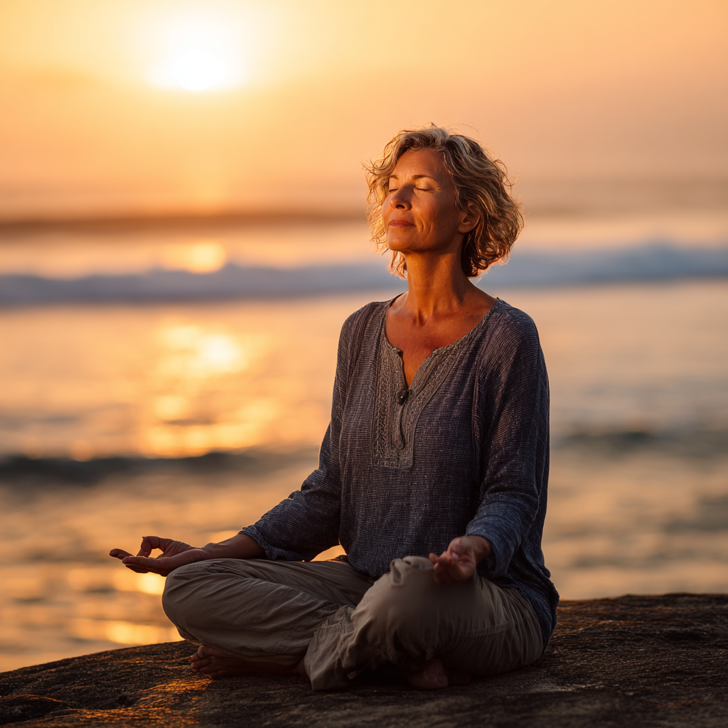 Усмихната жена на 55 години в позиция лотос, медитираща на брега на океана при залез слънце